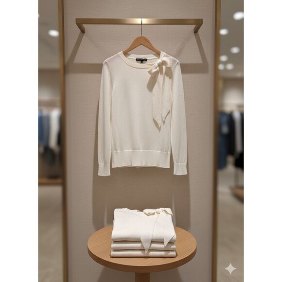 White House Black Market Womens Ivory Wool Blend Bow Neck Sweater Size S - Picture 3 of 5